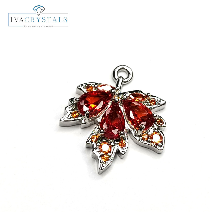 Подвеска Лист кленовый 19х17 мм с оранжевыми фианитами, штука покрытие Родий