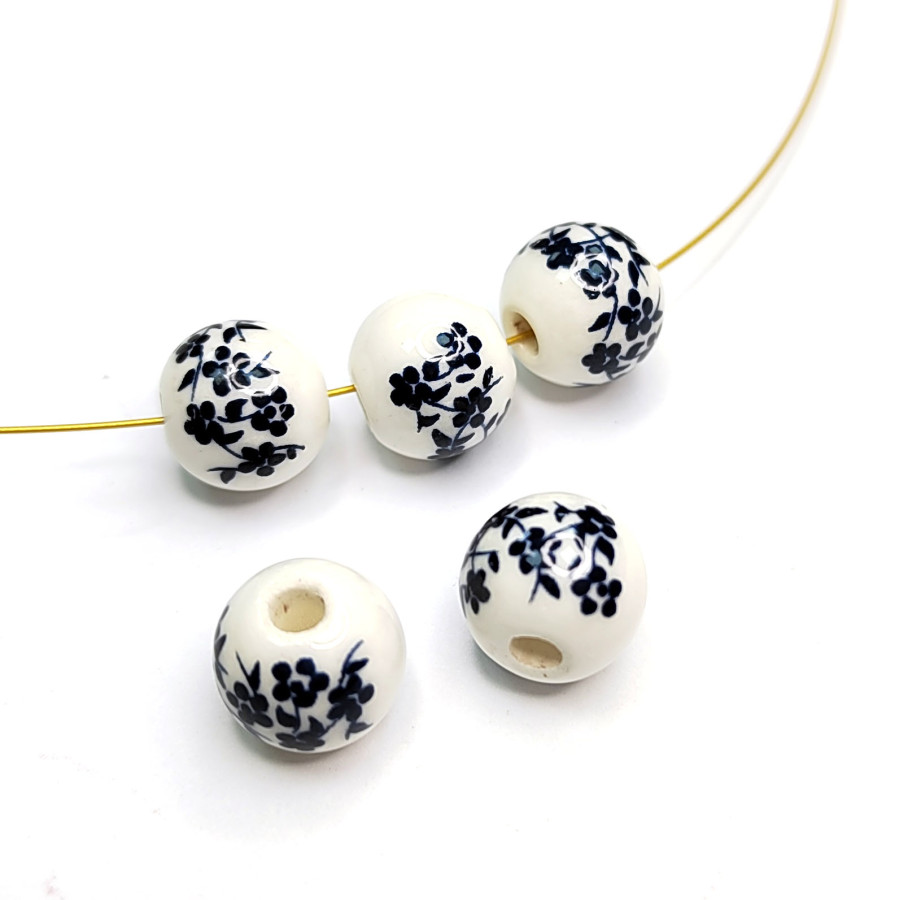 Бусины керамические 10 мм с узором Гжель, цвет тёмно-синий, ШТУКА