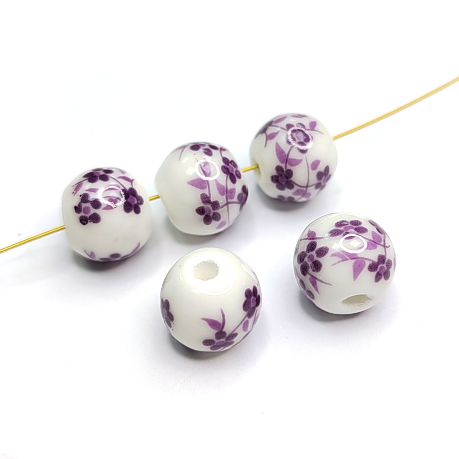 Бусины керамические 10 мм с узором Гжель, цвет сиреневый , штука