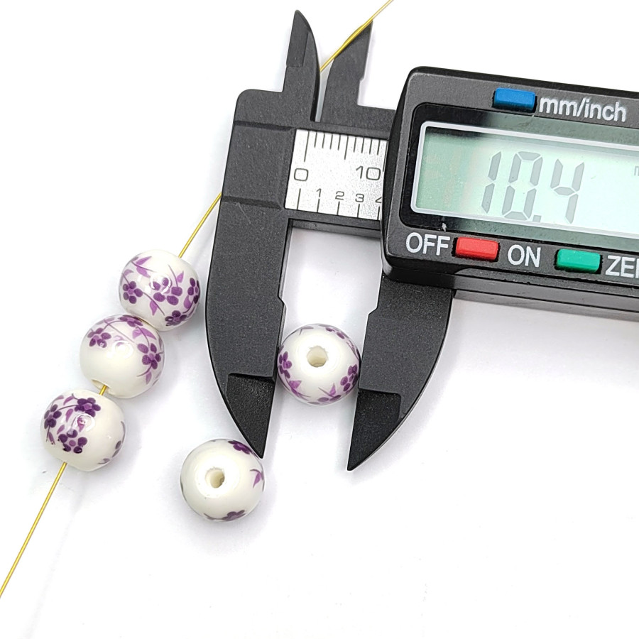 Бусины керамические 10 мм с узором Гжель, цвет сиреневый , штука