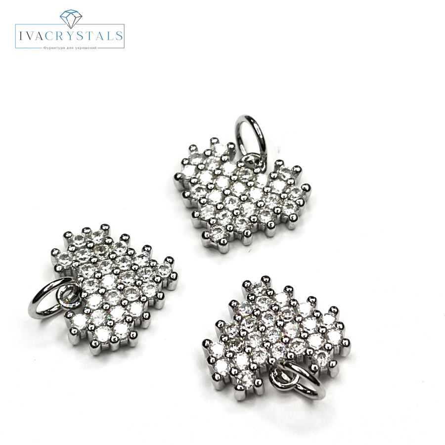 Подвеска Сердце 12х10 мм с фианитами , штука покрытие Родий