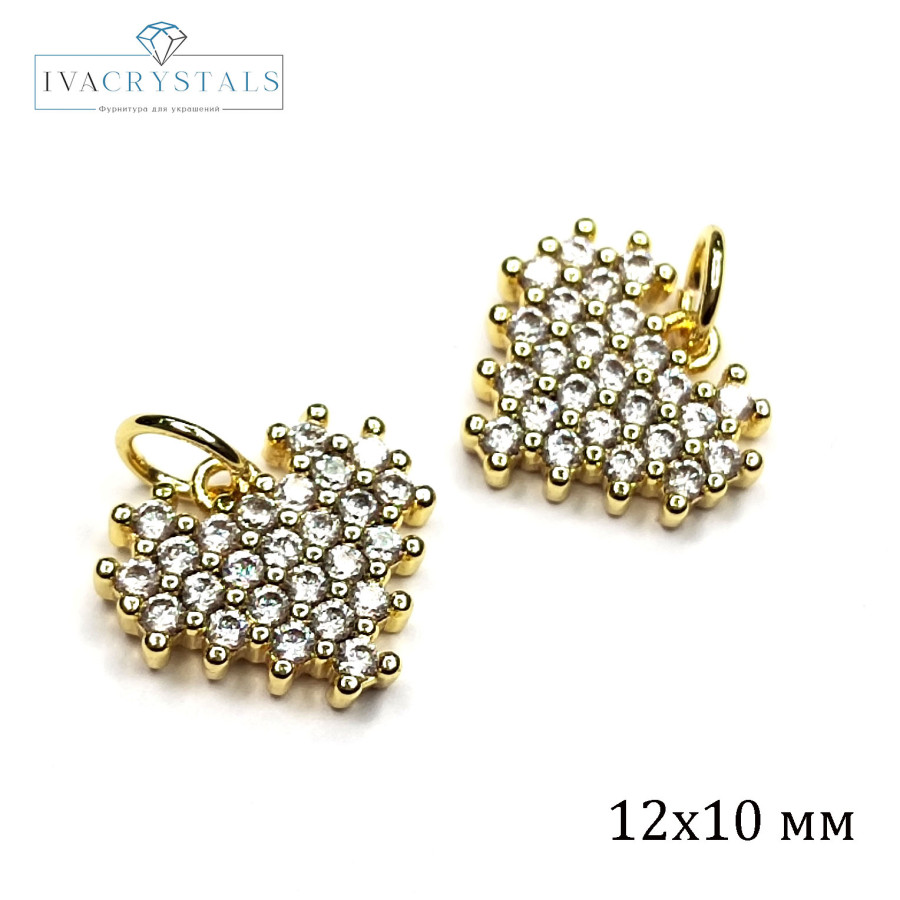 Подвеска Сердце 12х10 мм с фианитами , штука покрытие Позолота