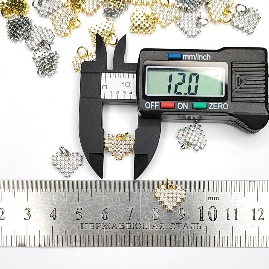 Подвеска Сердце 12х10 мм с фианитами , штука