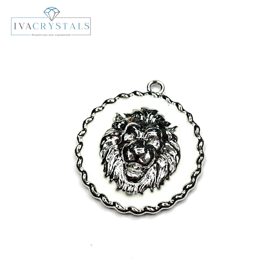 Подвеска Лев с белой эмалью 24 мм, штука покрытие Родий