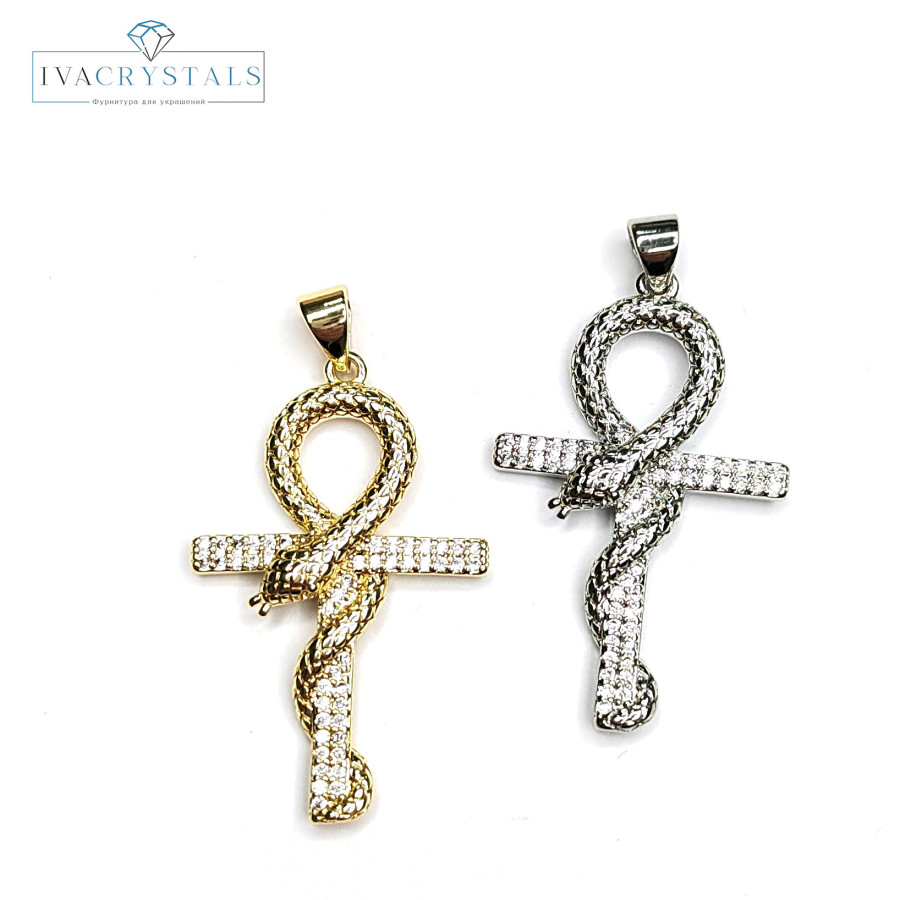 Подвеска крупный Крестик со змеёй, египетский крест Анкх 38х21 мм