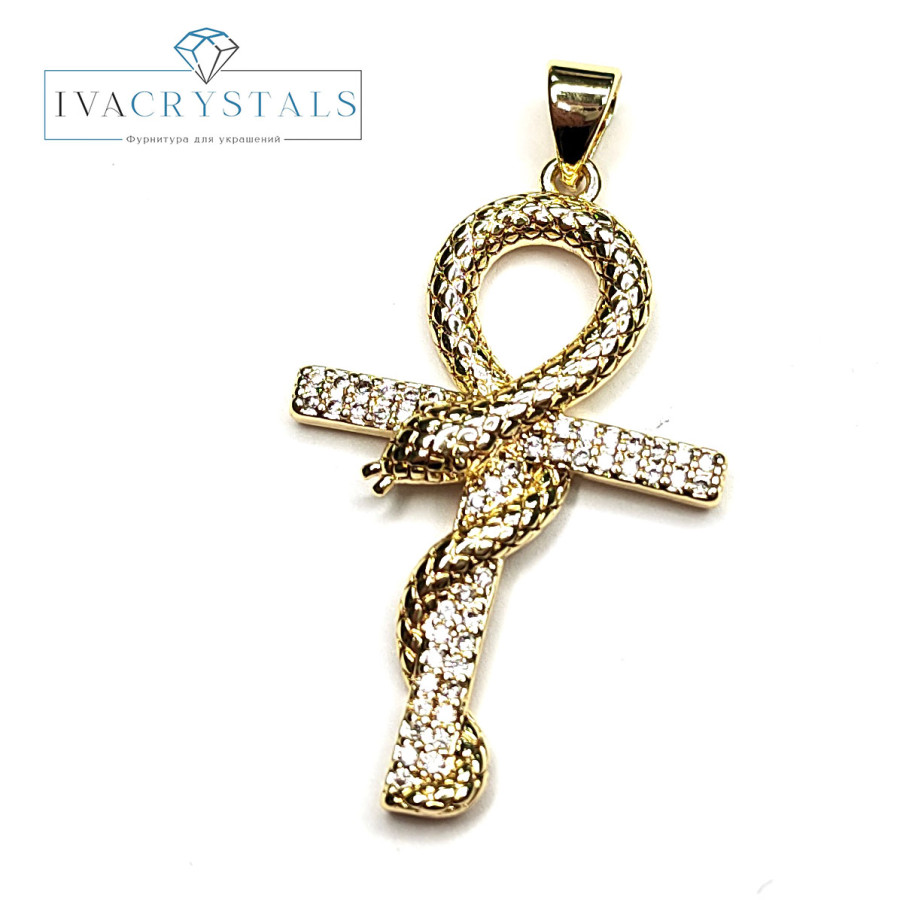 Подвеска крупный Крестик со змеёй, египетский крест Анкх 38х21 мм покрытие Позолота