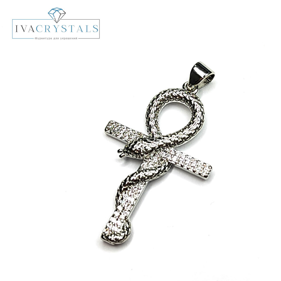 Подвеска крупный Крестик со змеёй, египетский крест Анкх 38х21 мм покрытие Родий