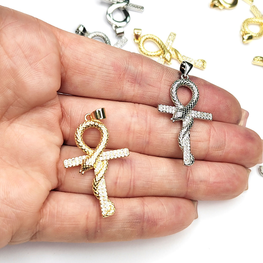 Подвеска крупный Крестик со змеёй, египетский крест Анкх 38х21 мм