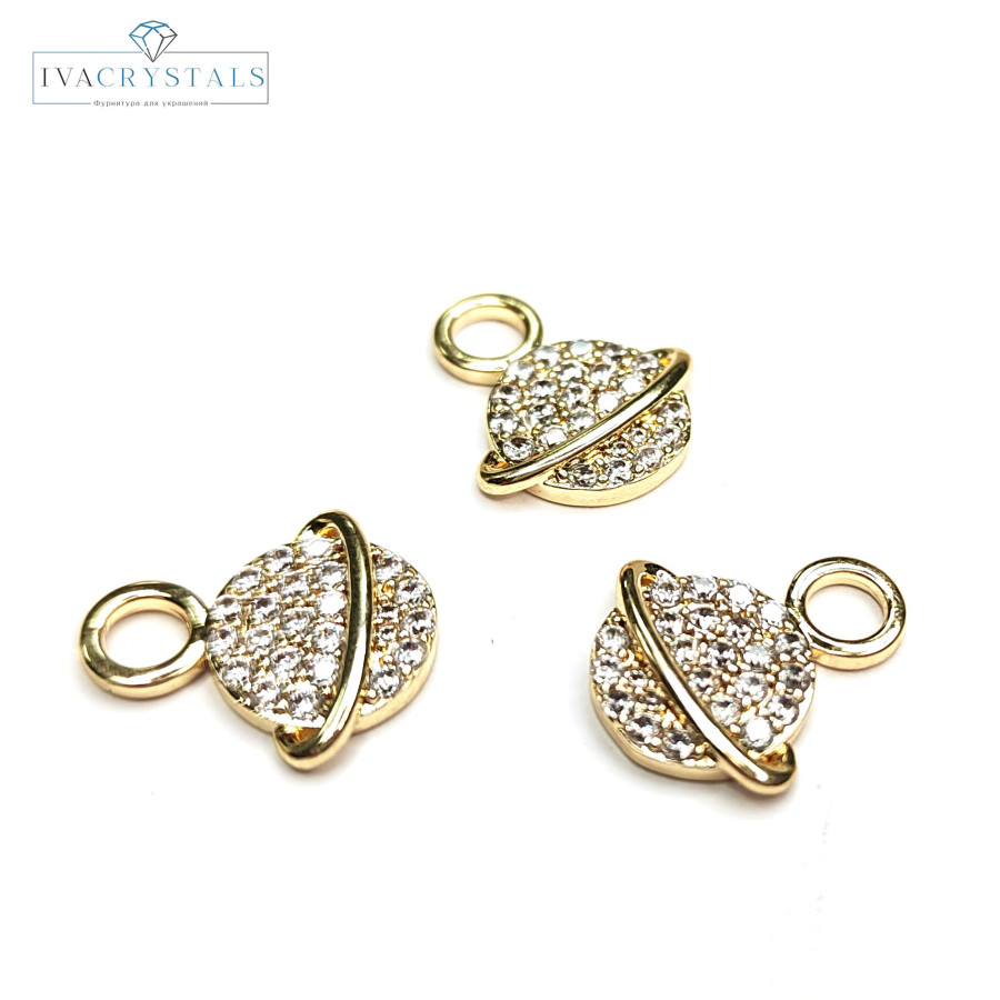 Подвеска Планета 15х13 мм с фианитами, Сатурн, штука покрытие Позолота