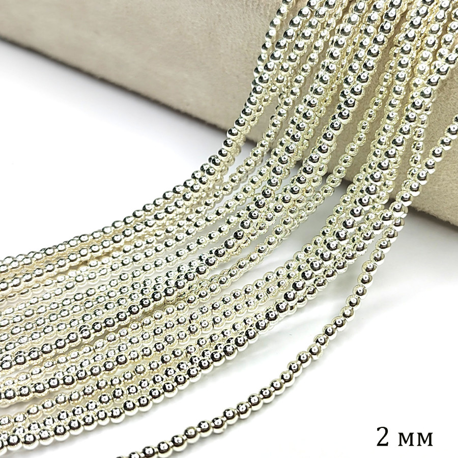 2 мм Гематит гладкий шар, нить 40 см цвет Светлое серебро