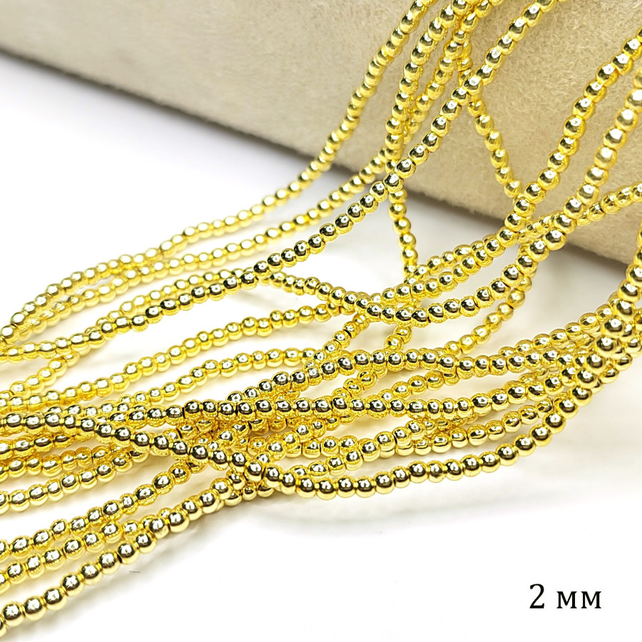 2 мм Гематит гладкий шар, нить 40 см цвет Жёлтая позолота