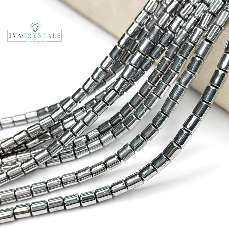 Гематит Бочонки 5х4 мм, нить 40-41 см покрытие Родий