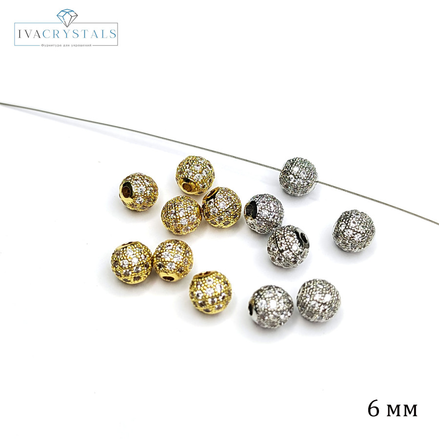 Разделительная бусина с фианитами 6 мм, ШТУКА