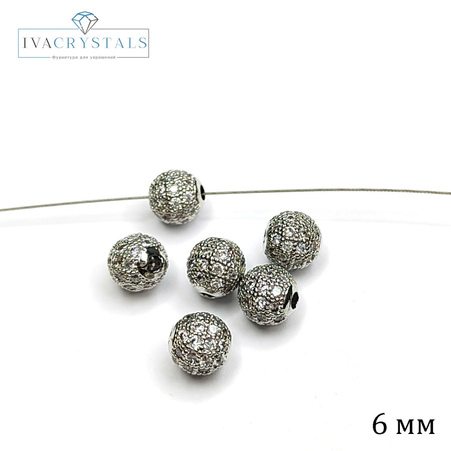 Разделительная бусина с фианитами 6 мм, ШТУКА покрытие Родий