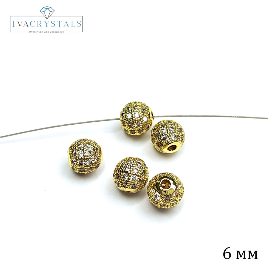 Разделительная бусина с фианитами 6 мм, ШТУКА покрытие Позолота