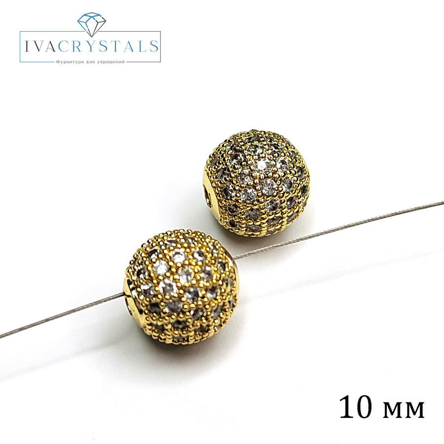 Разделительная бусина с фианитами 10 мм, ШТУКА покрытие Позолота