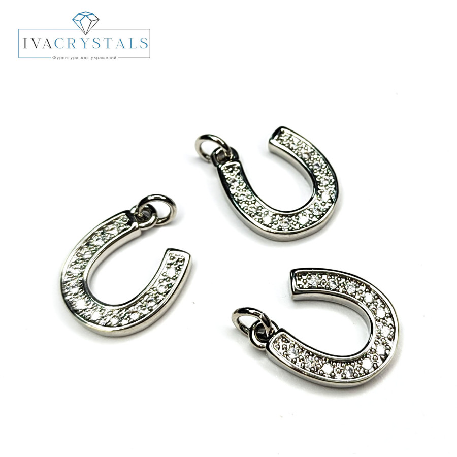Подвеска Подкова 14х12 мм с фианитами, покрытие родий, штука