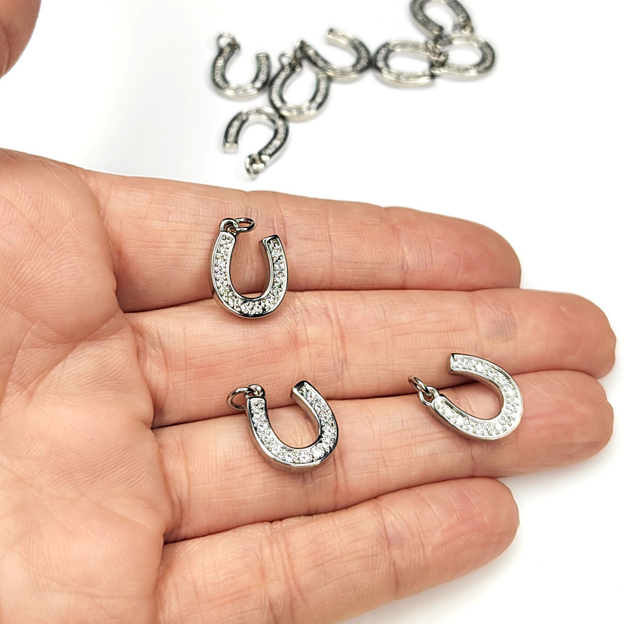 Подвеска Подкова 14х12 мм с фианитами, покрытие родий, штука
