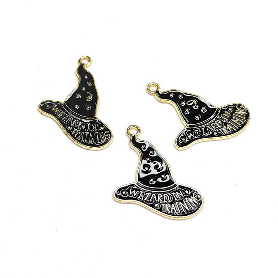 Подвеска шляпа ведьмы 30х24 мм с чёрной эмалью с позолоченным покрытием, штука