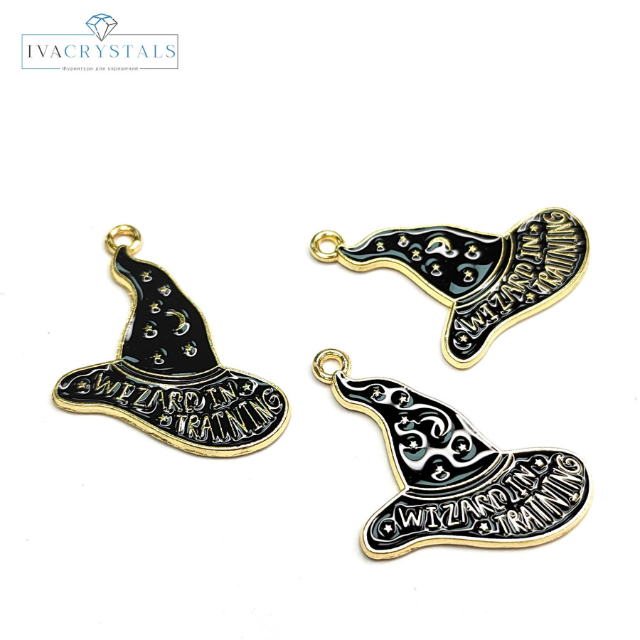 Подвеска шляпа ведьмы 30х24 мм с чёрной эмалью с позолоченным покрытием, штука