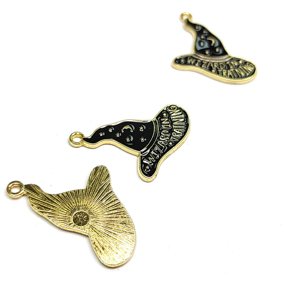 Подвеска шляпа ведьмы 30х24 мм с чёрной эмалью с позолоченным покрытием, штука