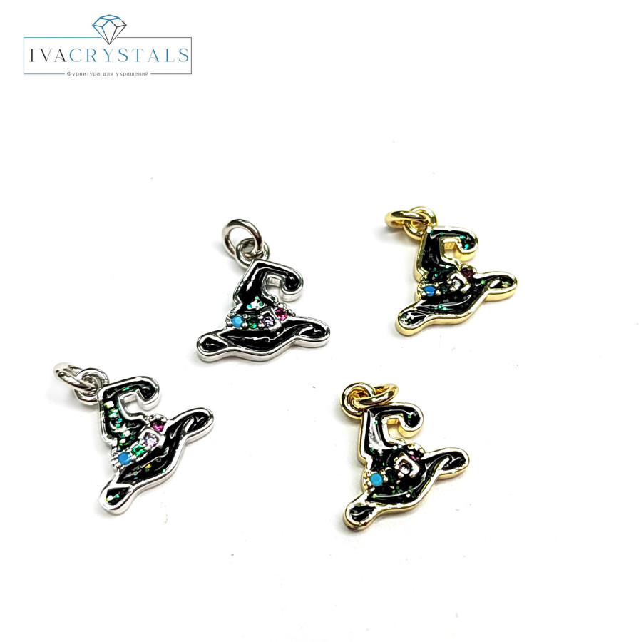 Подвеска шляпа ведьмы 11 мм с чёрной эмалью и фианитами, штука