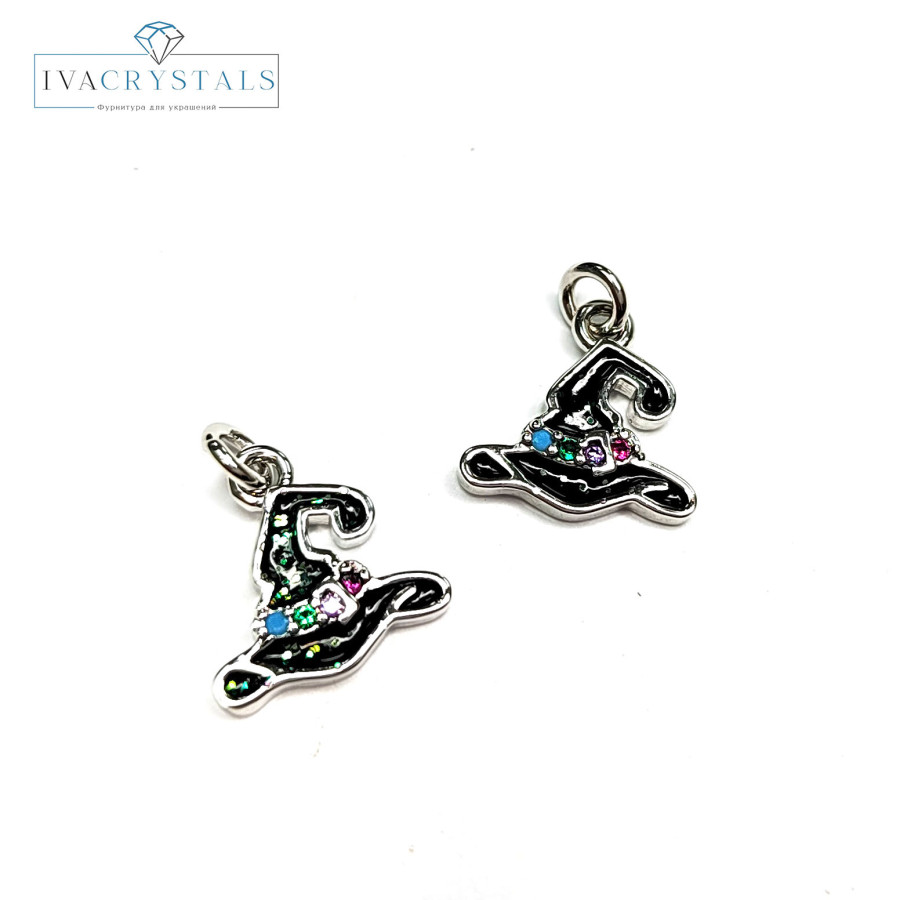 Подвеска шляпа ведьмы 11 мм с чёрной эмалью и фианитами, штука