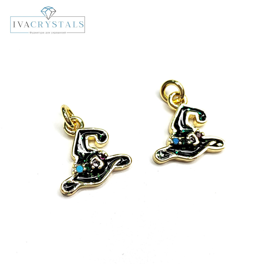 Подвеска шляпа ведьмы 11 мм с чёрной эмалью и фианитами, штука покрытие Позолота