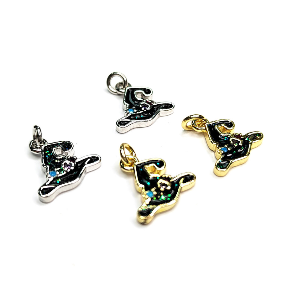 Подвеска шляпа ведьмы 11 мм с чёрной эмалью и фианитами, штука покрытие Родий