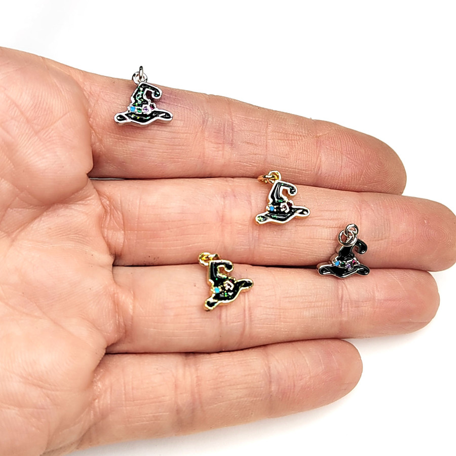 Подвеска шляпа ведьмы 11 мм с чёрной эмалью и фианитами, штука