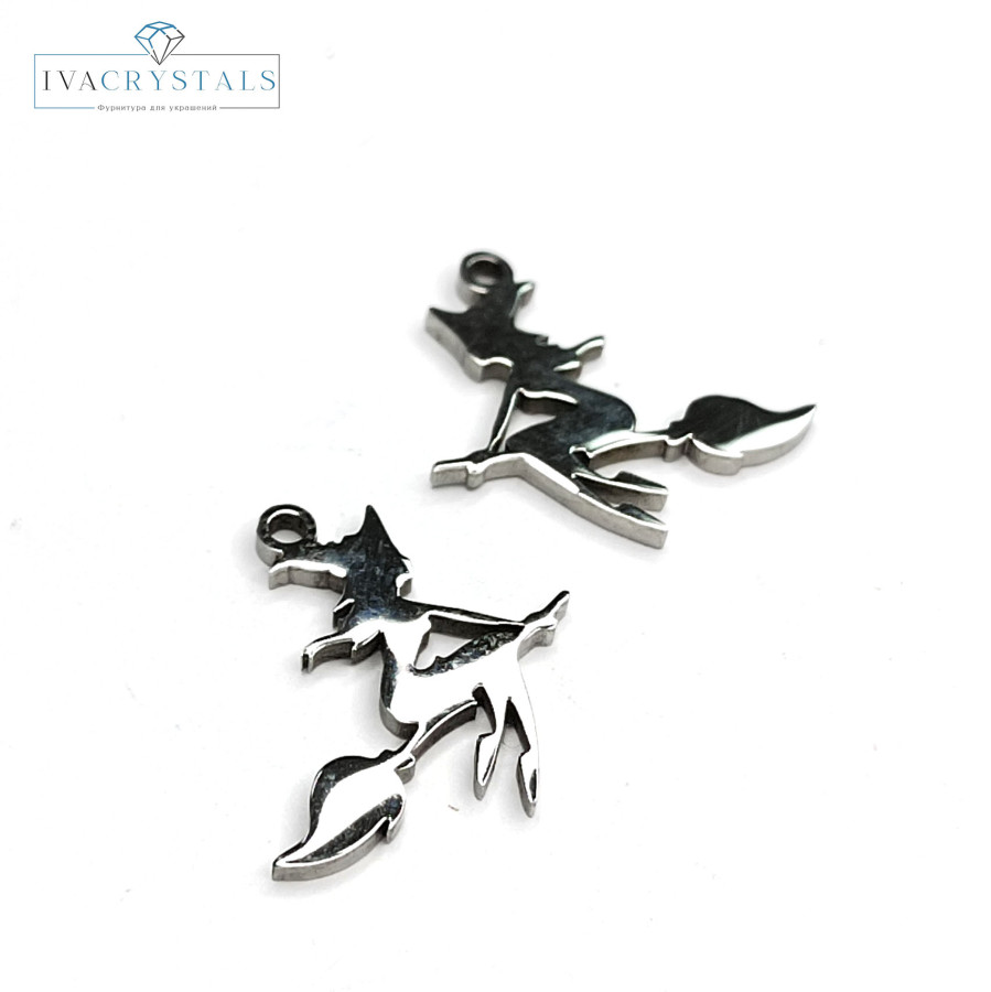 Подвеска Ведьма на метле 18 мм из стали, штука цвет Родий