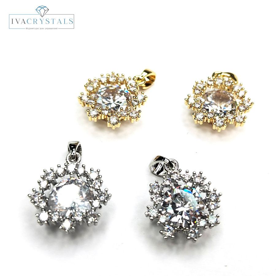 Подвеска Снежинка 15 мм с фианитами и бейлом, штука