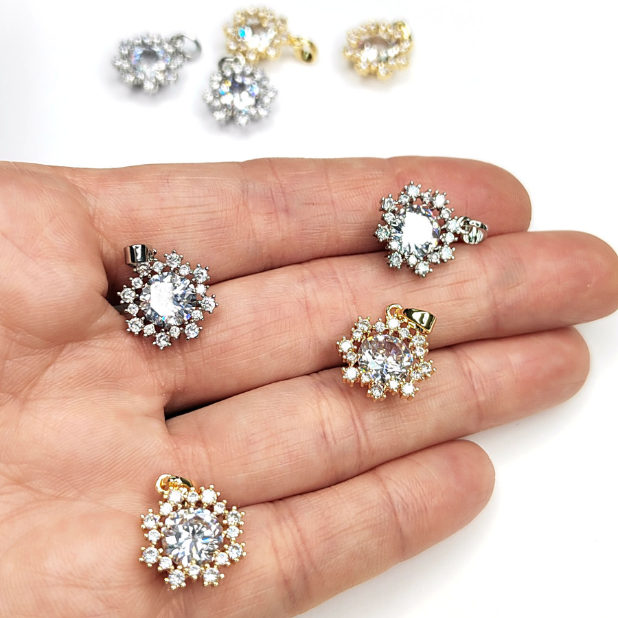 Подвеска Снежинка 15 мм с фианитами и бейлом, штука