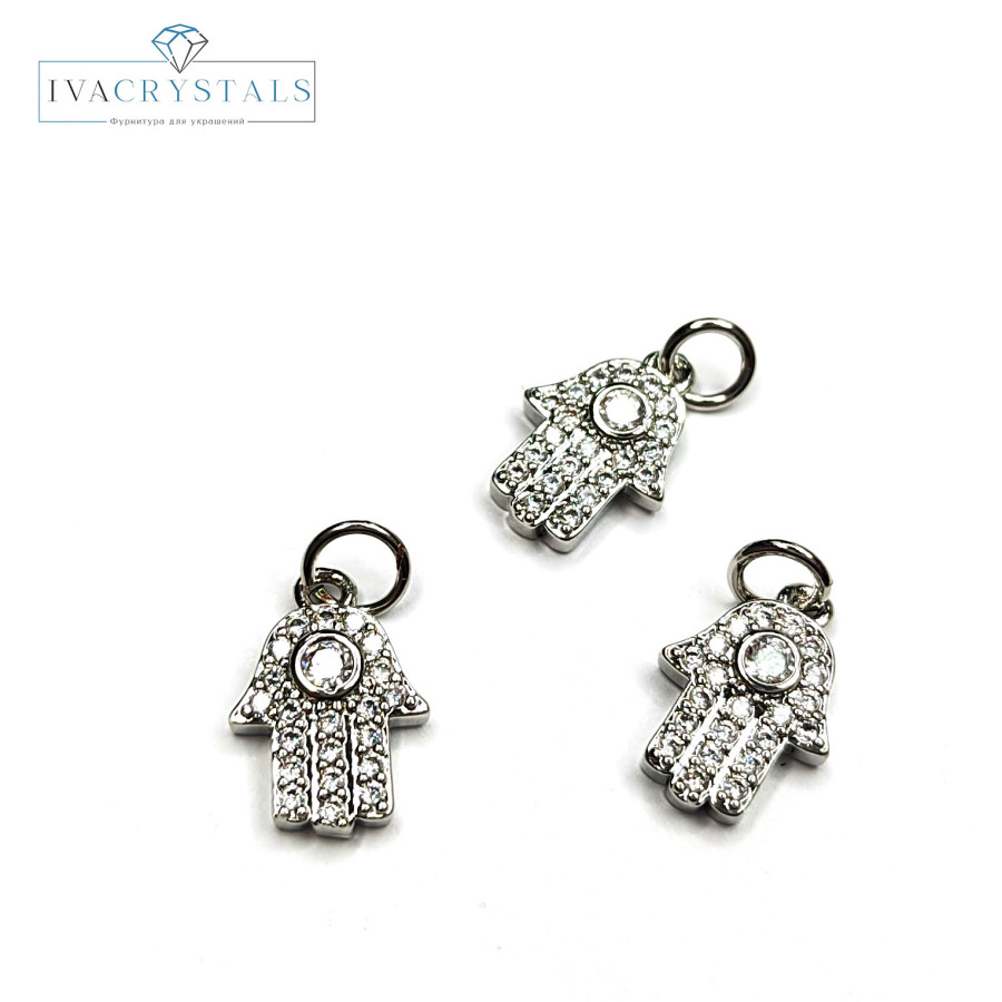 Подвеска Рука Фатимы с фианитами 13х9 мм, штука покрытие Родий