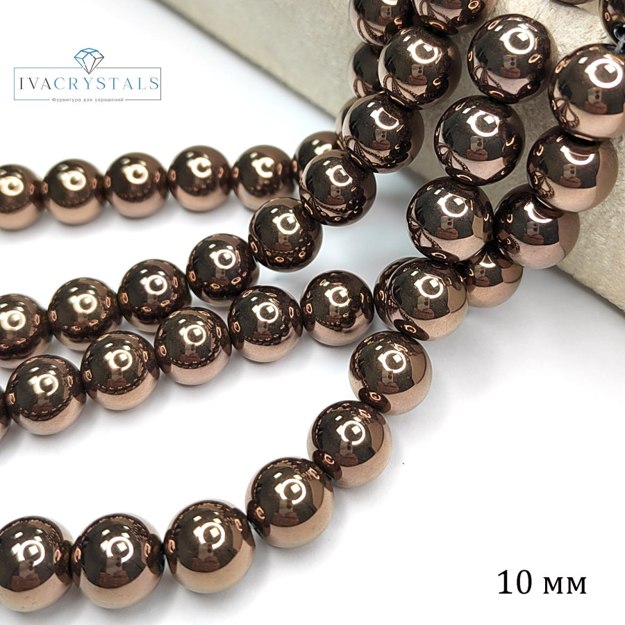 Гематит 10 мм, цвет Шоколад, нить 40 см