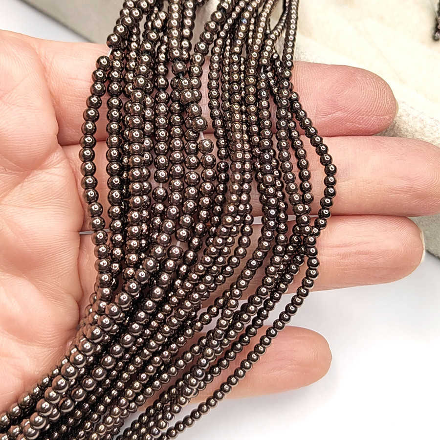 Гематит мелкий, бусины гладкий шар, цвет Шоколад, нить 40 см