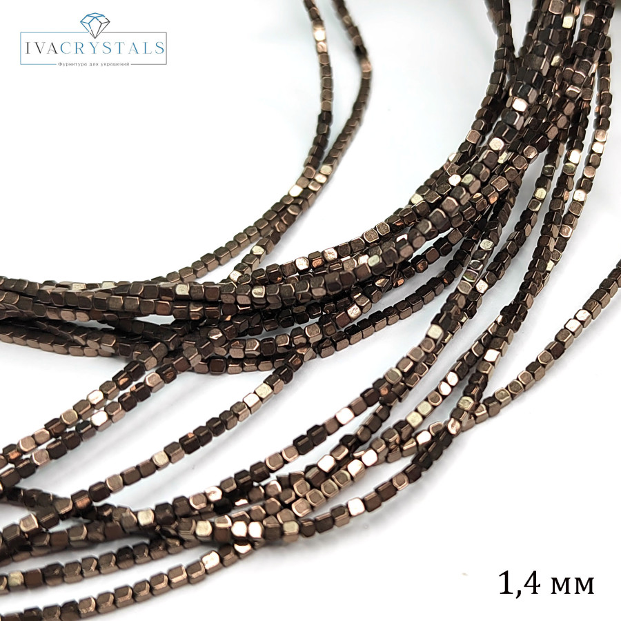 Гематит кубик 1,4 мм, цвет Шоколад, нить 40 см