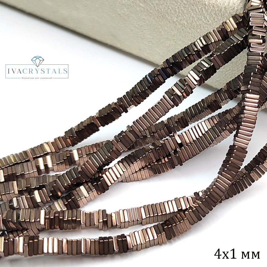 Гематит квадрат 4х1 мм, цвет Шоколад, нить 40 см