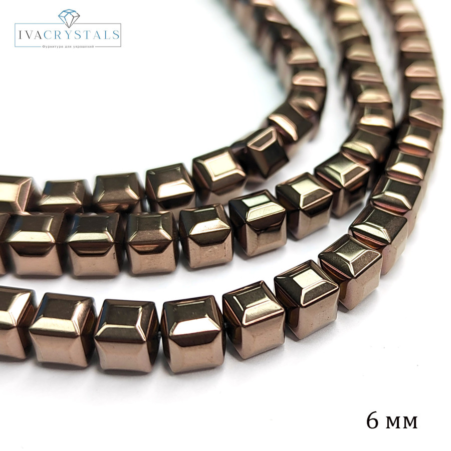 Гематит кубик 6 мм, цвет Шоколад, нить 40 см