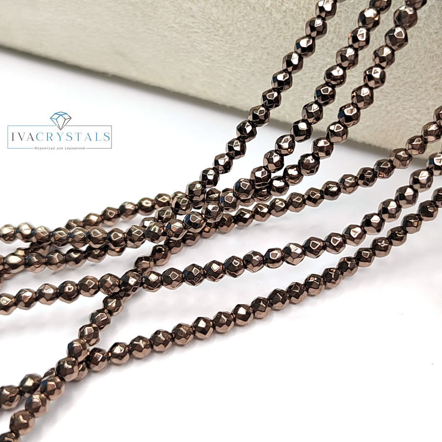 Гематит 3 мм в огранке, цвет Шоколад, нить 40 см