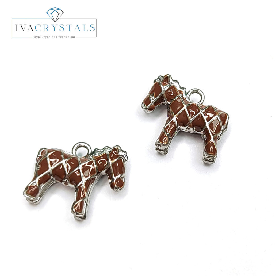 Подвеска Лошадка 13х11 мм с эмалью шоколадного цвета, штука покрытие Родий