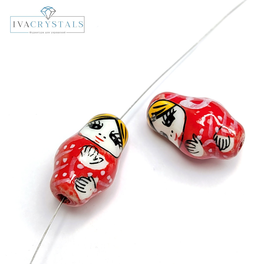 Керамическая бусина Матрёшка 21х13 мм, штука Красная