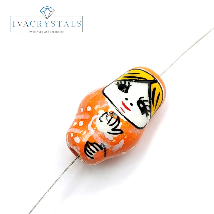 Керамическая бусина Матрёшка 21х13 мм, штука Оранжевая