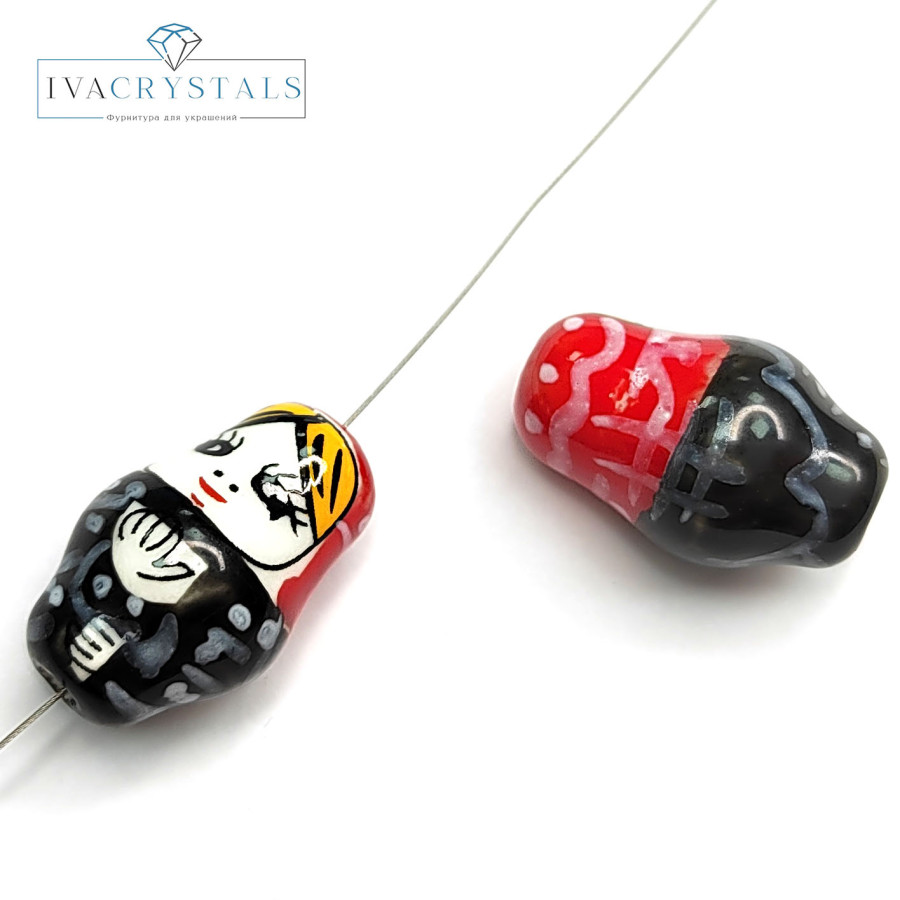 Керамическая бусина Матрёшка 21х13 мм, штука Чёрная / красная