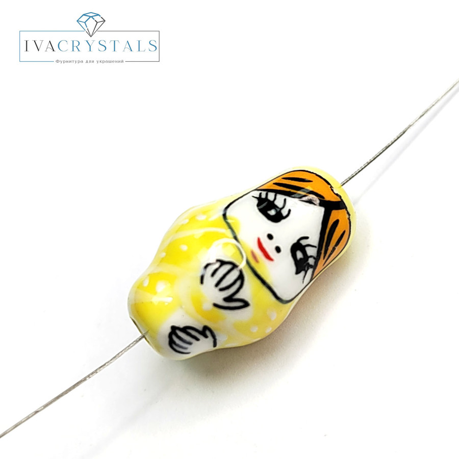 Керамическая бусина Матрёшка 21х13 мм, штука Жёлтая