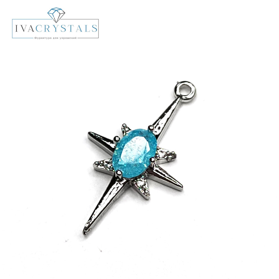 Подвеска Вифлеемская Звезда 21х12 мм с голубым акрилом, штука покрытие Родий