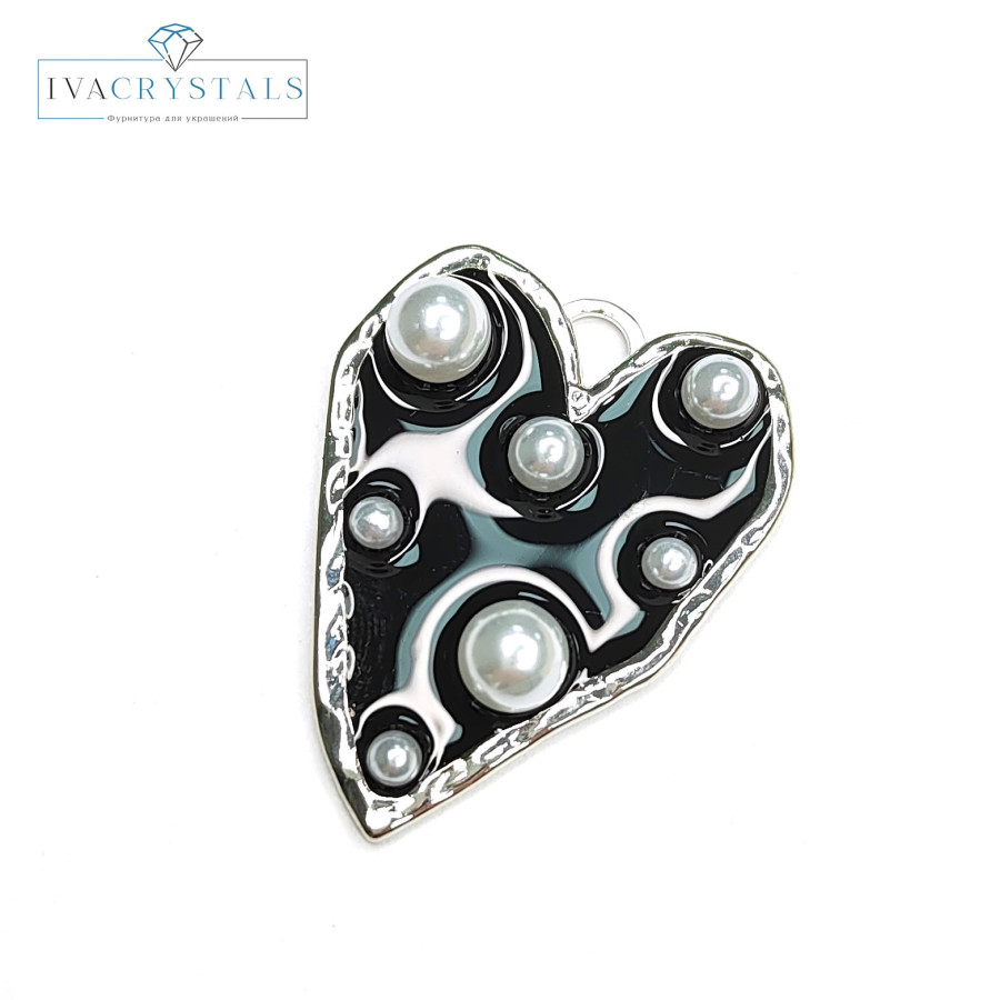 Крупная подвеска Сердце 38х31 мм с чёрным акрилом и жемчужинами, штука покрытие Родий