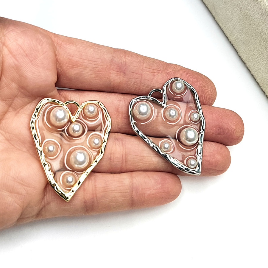 Крупная подвеска Сердце 38х31 мм с прозрачным акрилом и жемчужинами, штука