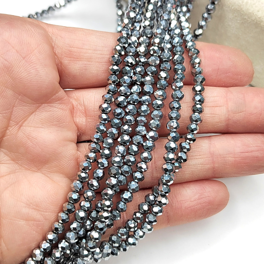 Рондели серебристые, стекло с гальваническим покрытием. Огранка, нить 38-40 см