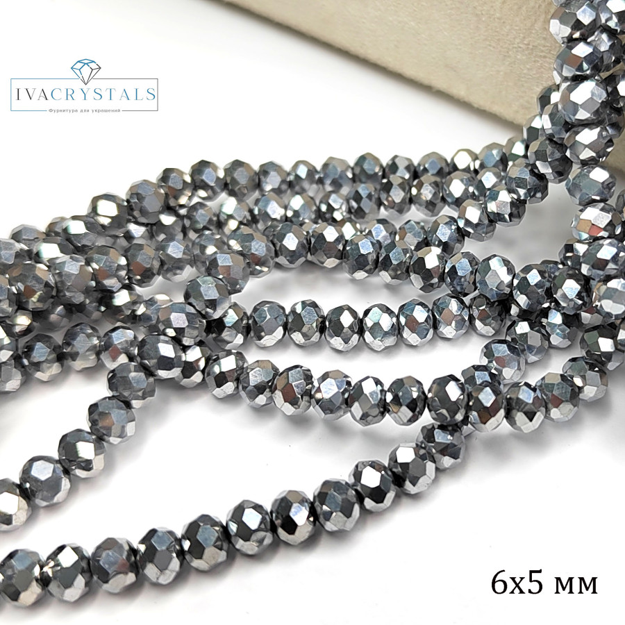 Рондели серебристые, стекло с гальваническим покрытием. Огранка, нить 38-40 см 6х5 мм